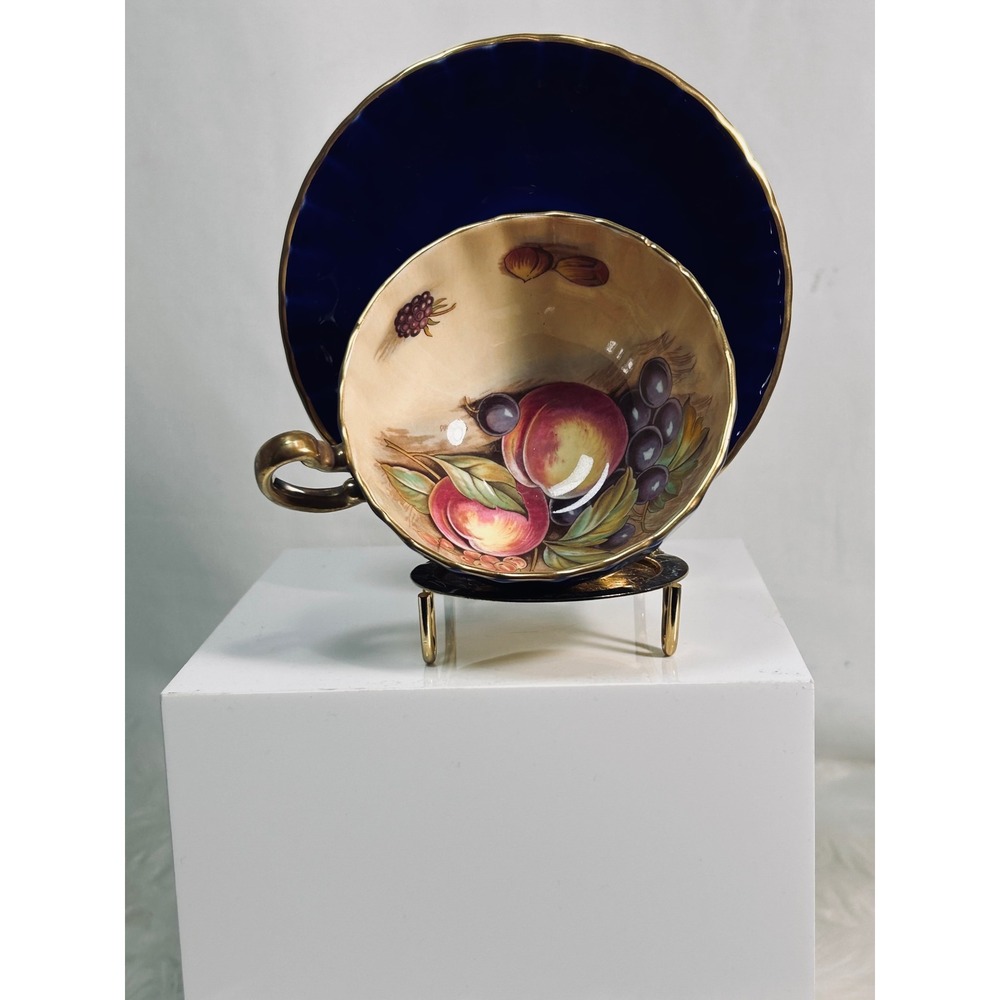 Aynsley Orchard Fruit Teacup Saucer Cobalt Blue Gold‎ D Jones Signed Bone China
